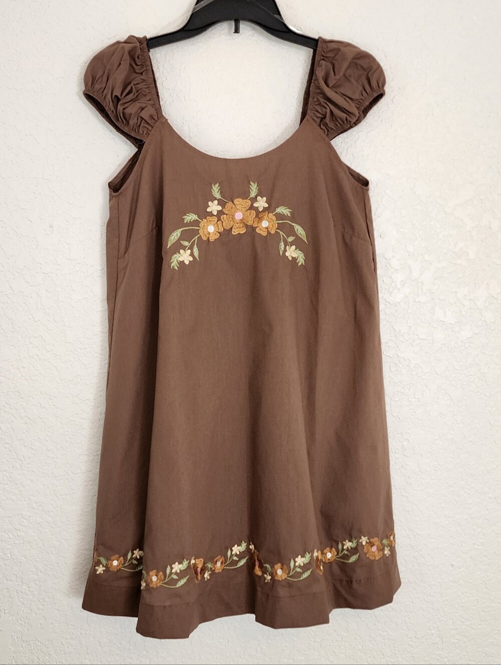 NWT 100% Cotton Brown Embroidered Puff-Sleeve Mini Womens Dress